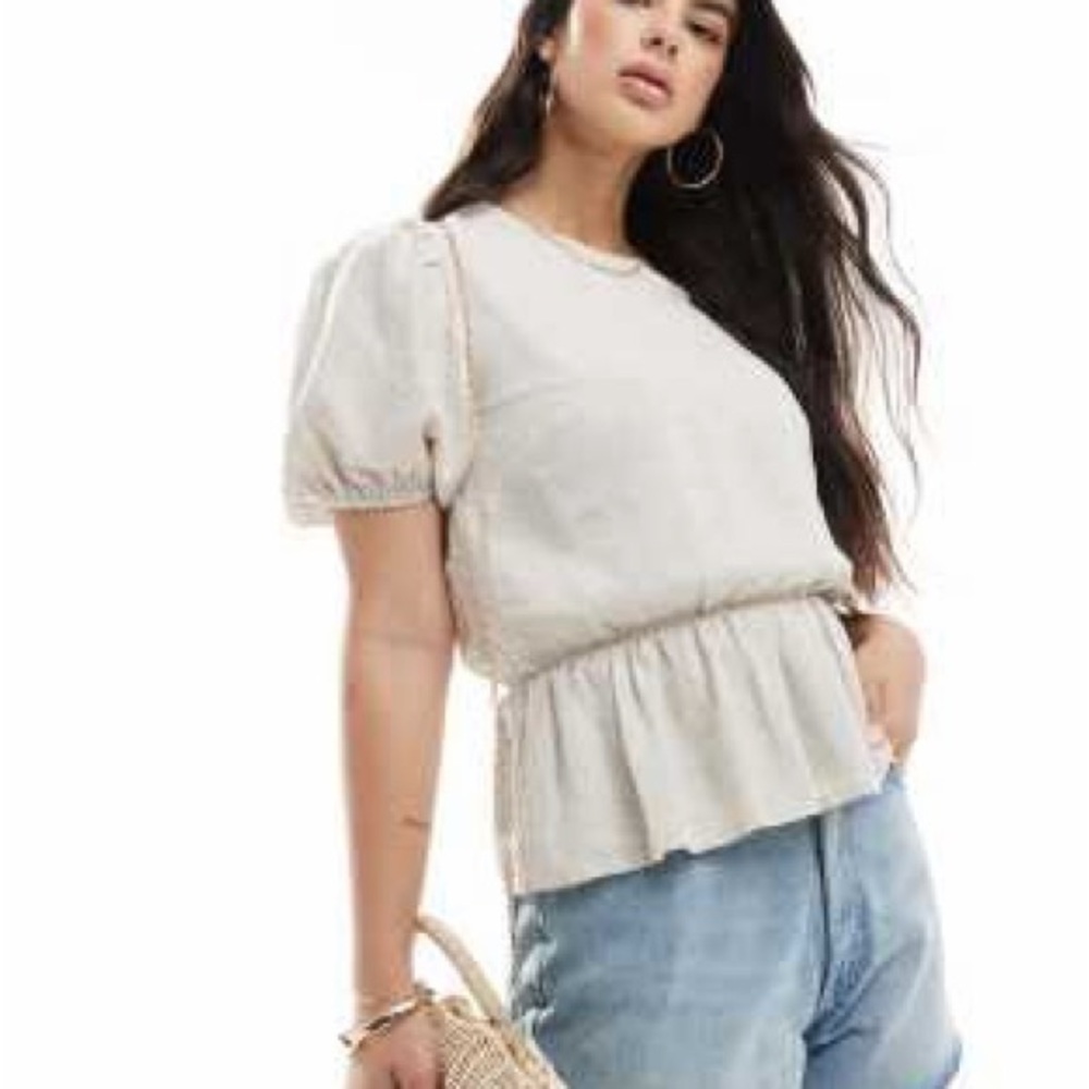 ASOS  Cream Puff-Sleeve Peplum Top
